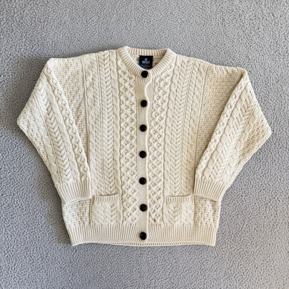 Aran Woollen Mills Ireland Cardigan Sweater Cream Large Merino Wool Cable Knit